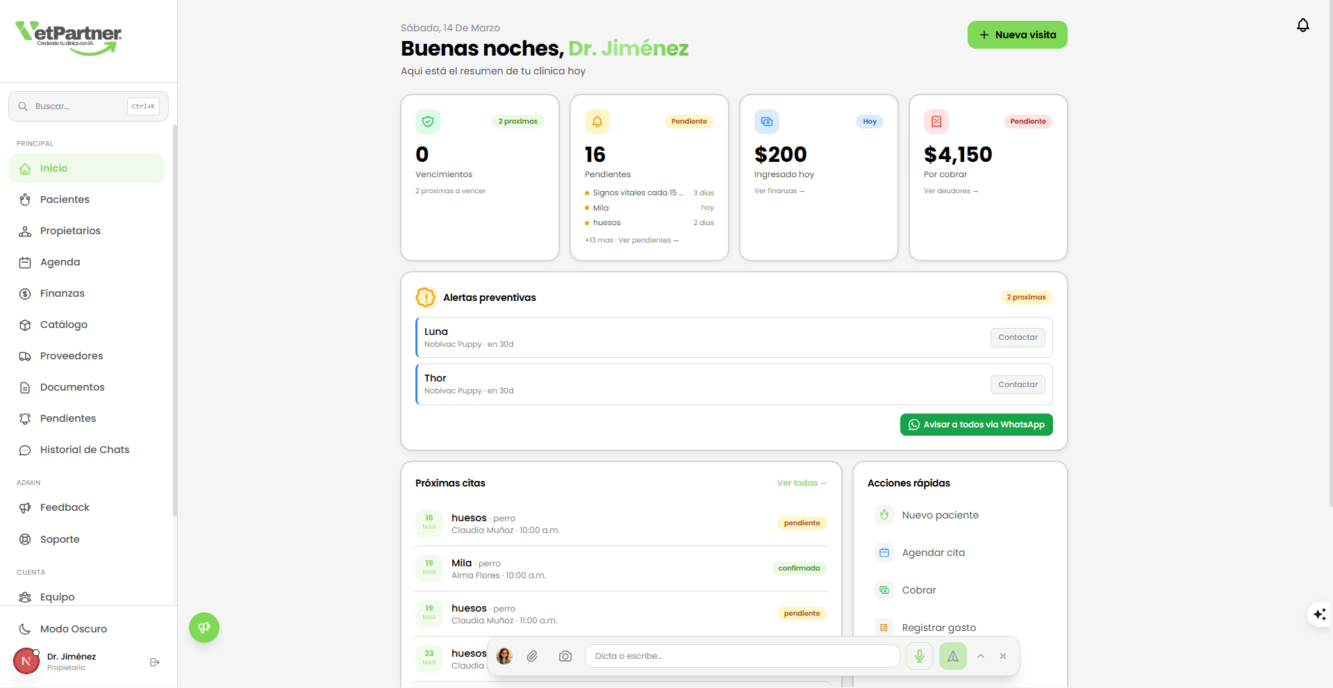 Dashboard de VetPartner en escritorio